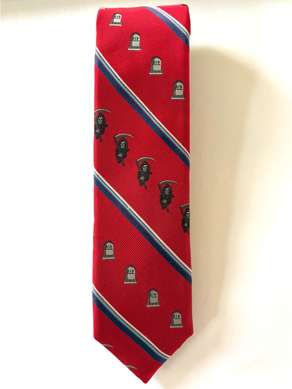 Robert Talbott Red Tie with Blue & White Diagonal Stripes and Grim Reaper Motif